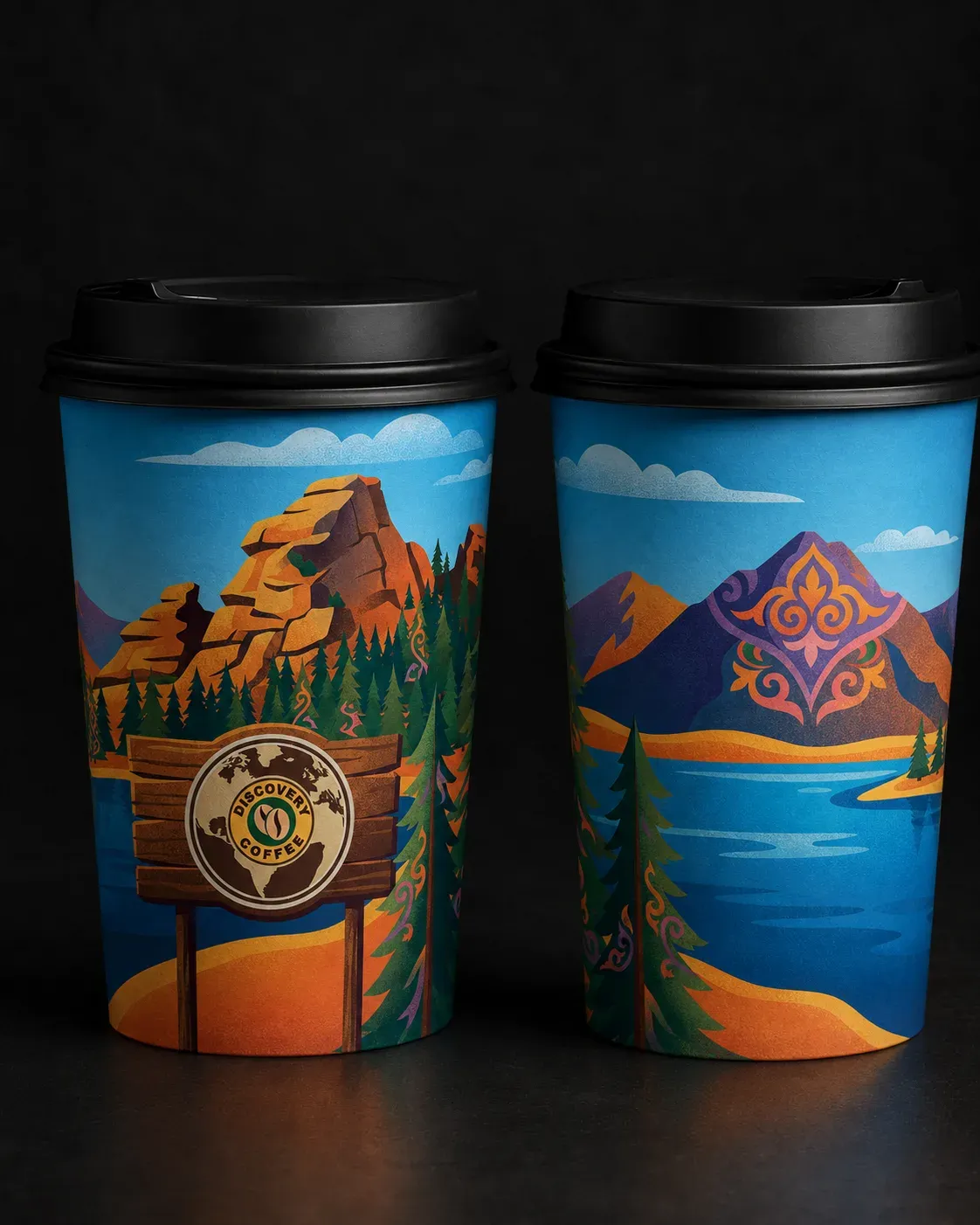 Бумажные стаканы Discovery Coffee с пейзажем у озера
